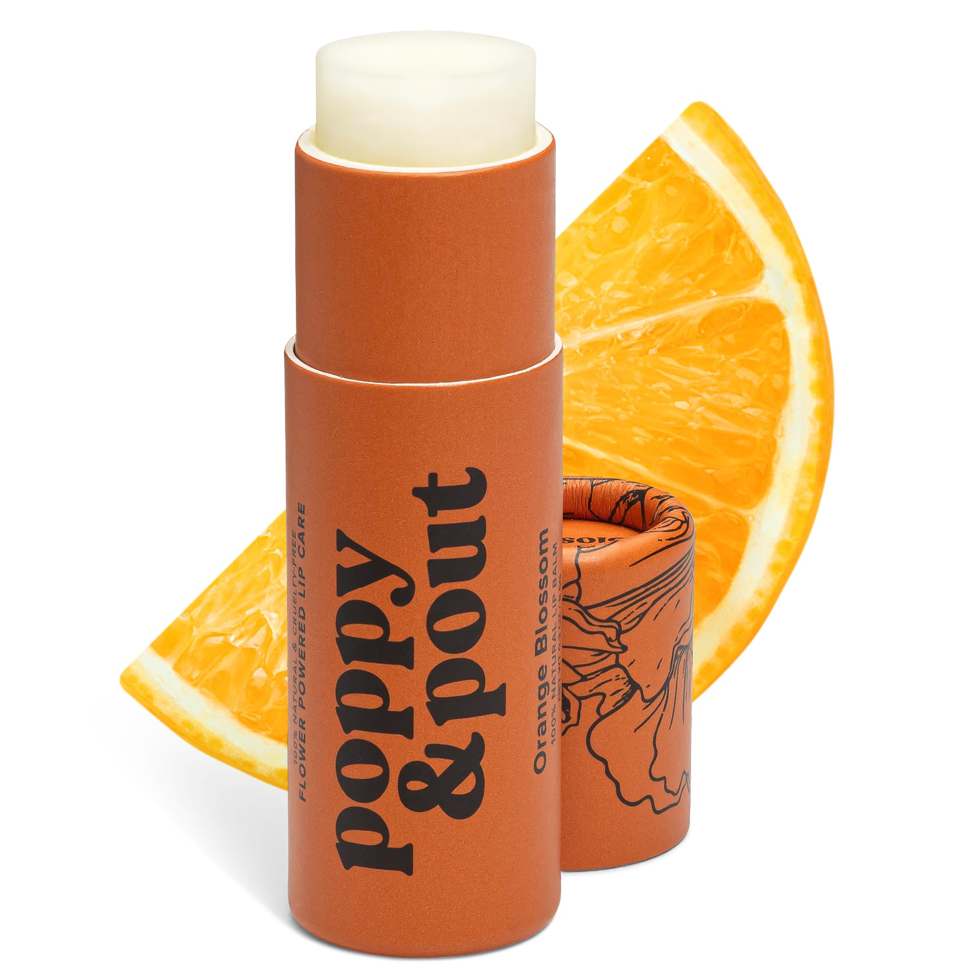Poppy & Pout Labial Jumbo Flor de Naranja: tubo visible, hidratación rápida