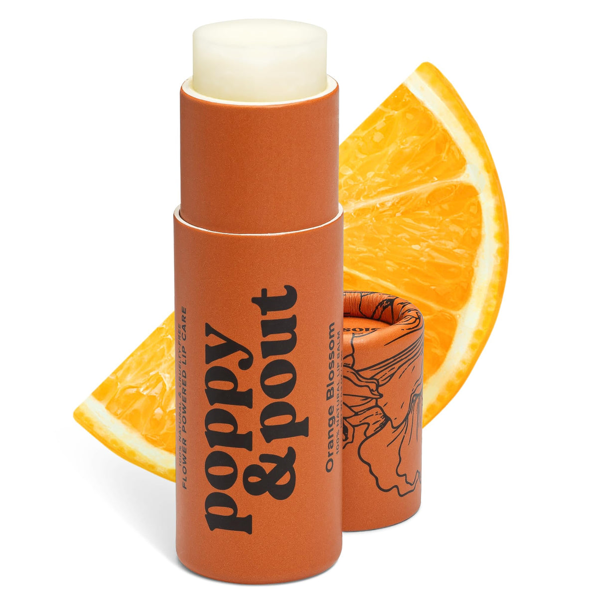 Poppy & Pout Labial Jumbo Flor de Naranja: tubo visible, hidratación rápida