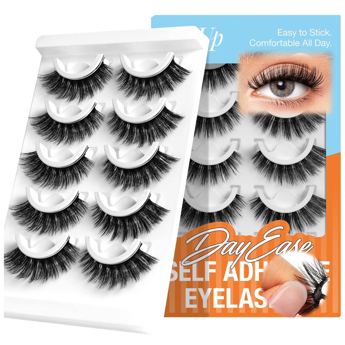 Popup Self Adhesive Eyelashes XA03 packaging close-up with built-in adhesive strip for quick wear