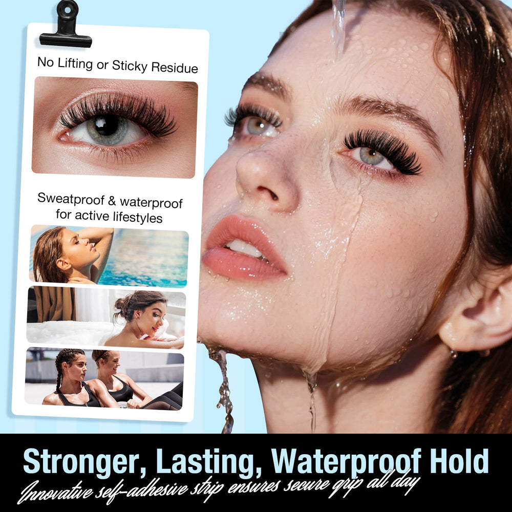 Popup self-adhesive eyelashes worn on model illustrate all-day secure hold
