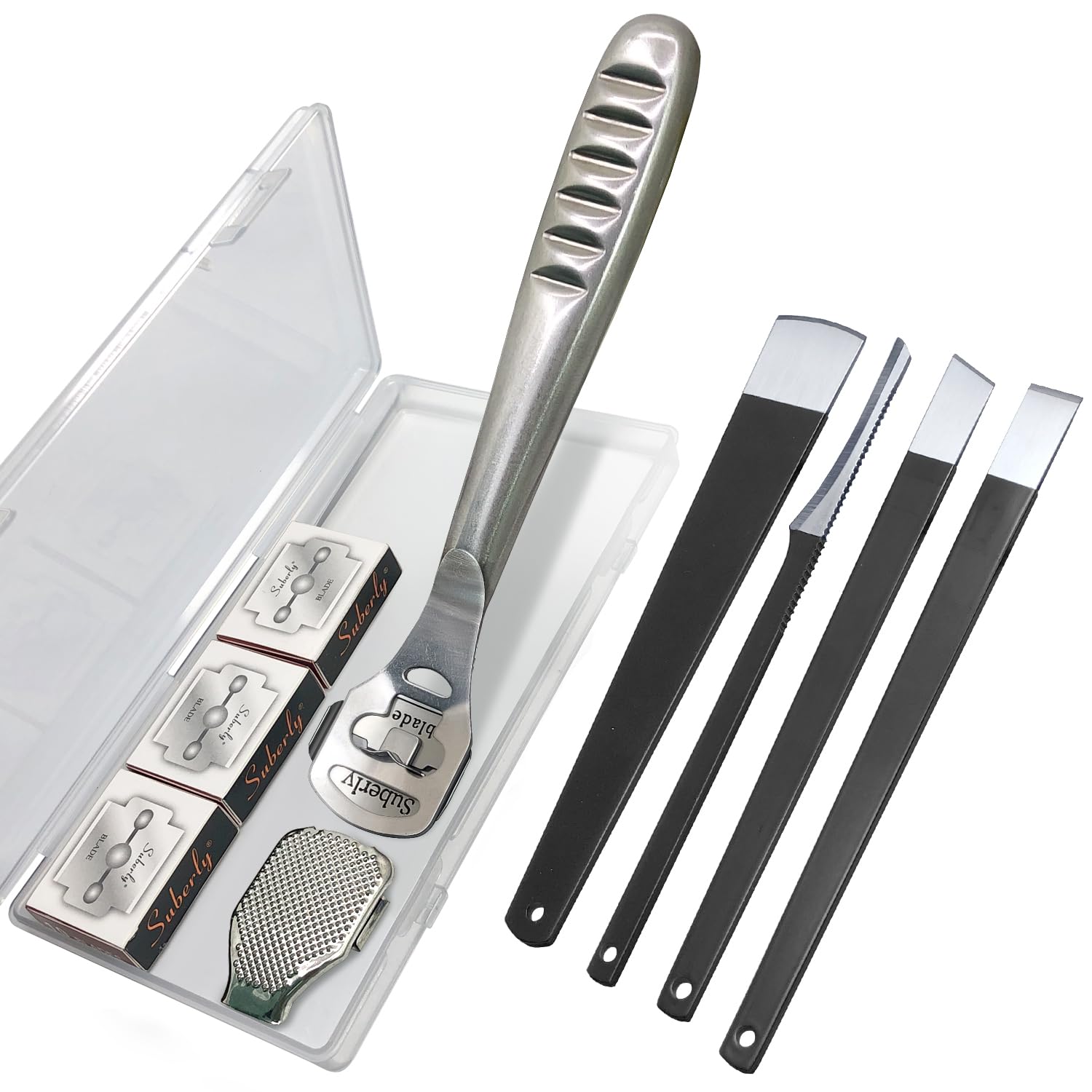 POQOD callus shaver set, overall view, convenient foot care for wet and dry feet.
