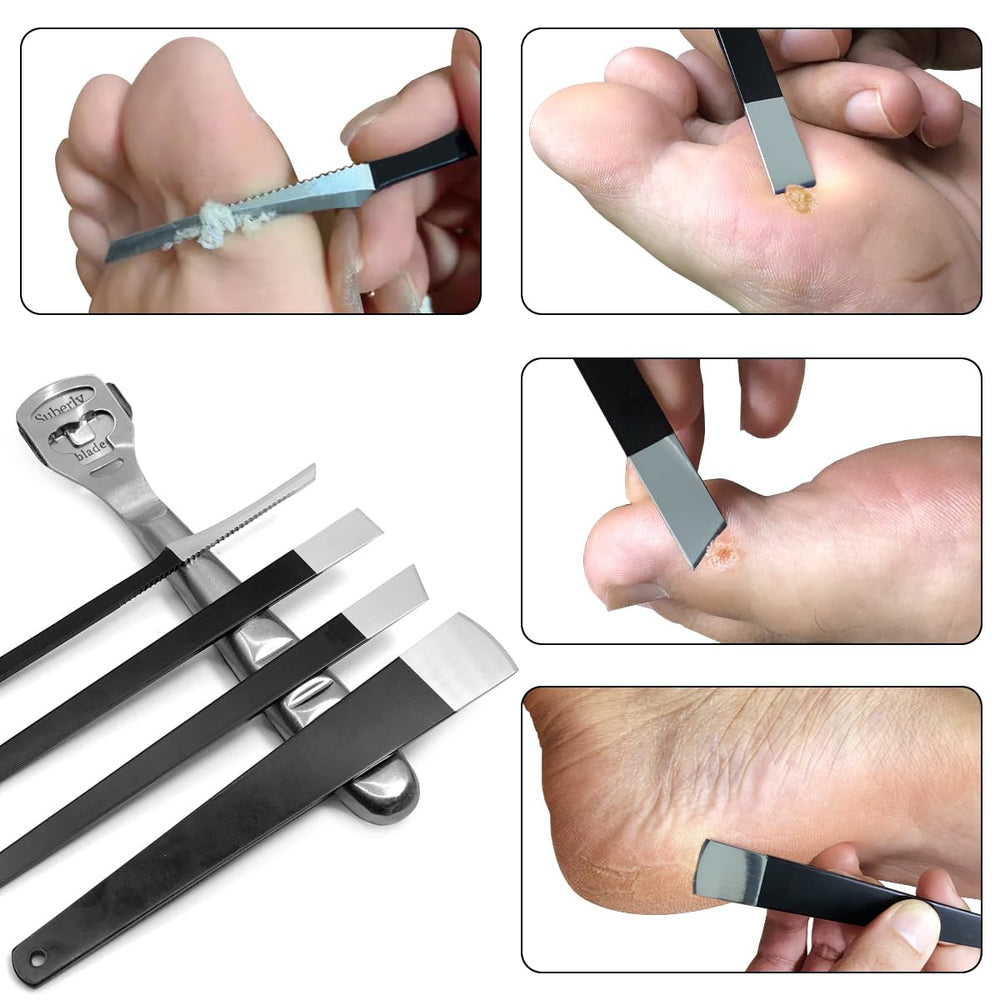 POQOD four pedicure knives for precise spot work and detailing.