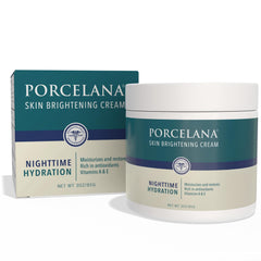 La crema nocturna Porcelana en bote ofrece hidratación suave para tono más uniforme.