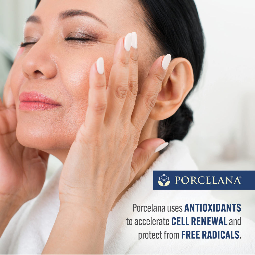 Porcelana Crema Nocturna, close-up de antioxidantes que protegen la piel durante la noche.