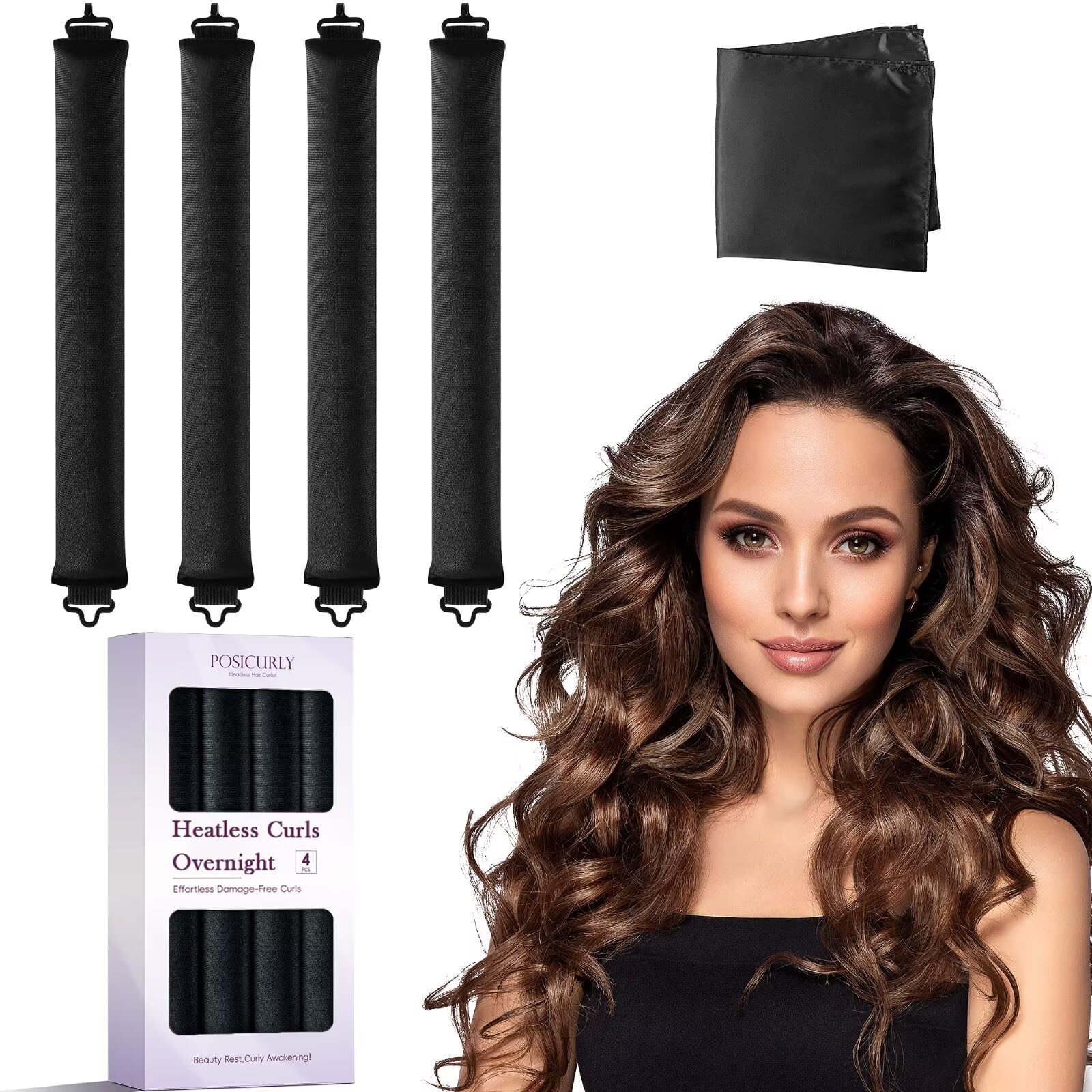 Posicurly heatless curls overnight set shown for easy bedtime styling and natural-looking waves