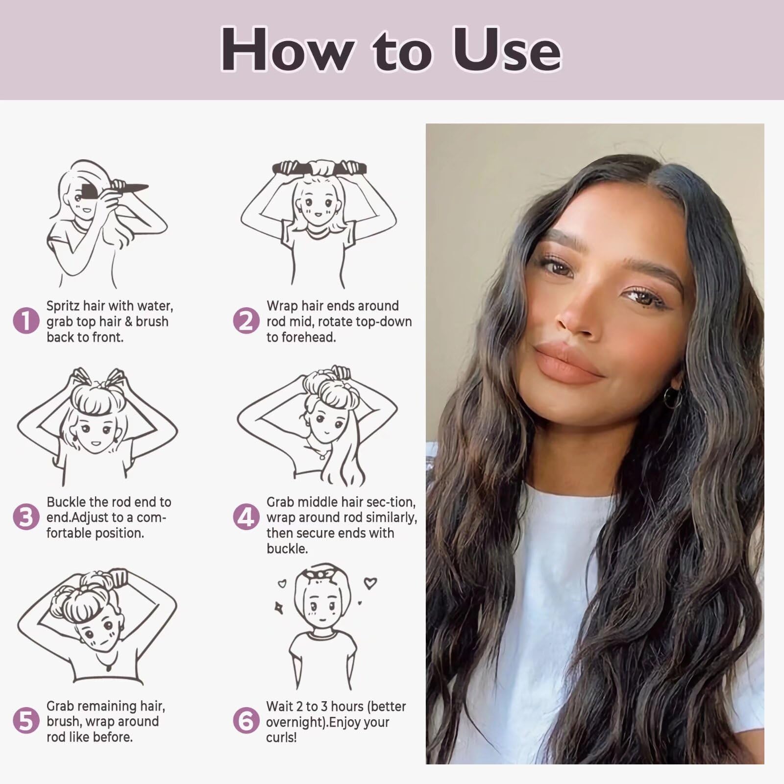 Velvet grip keeps hair in place for comfortable overnight styling.