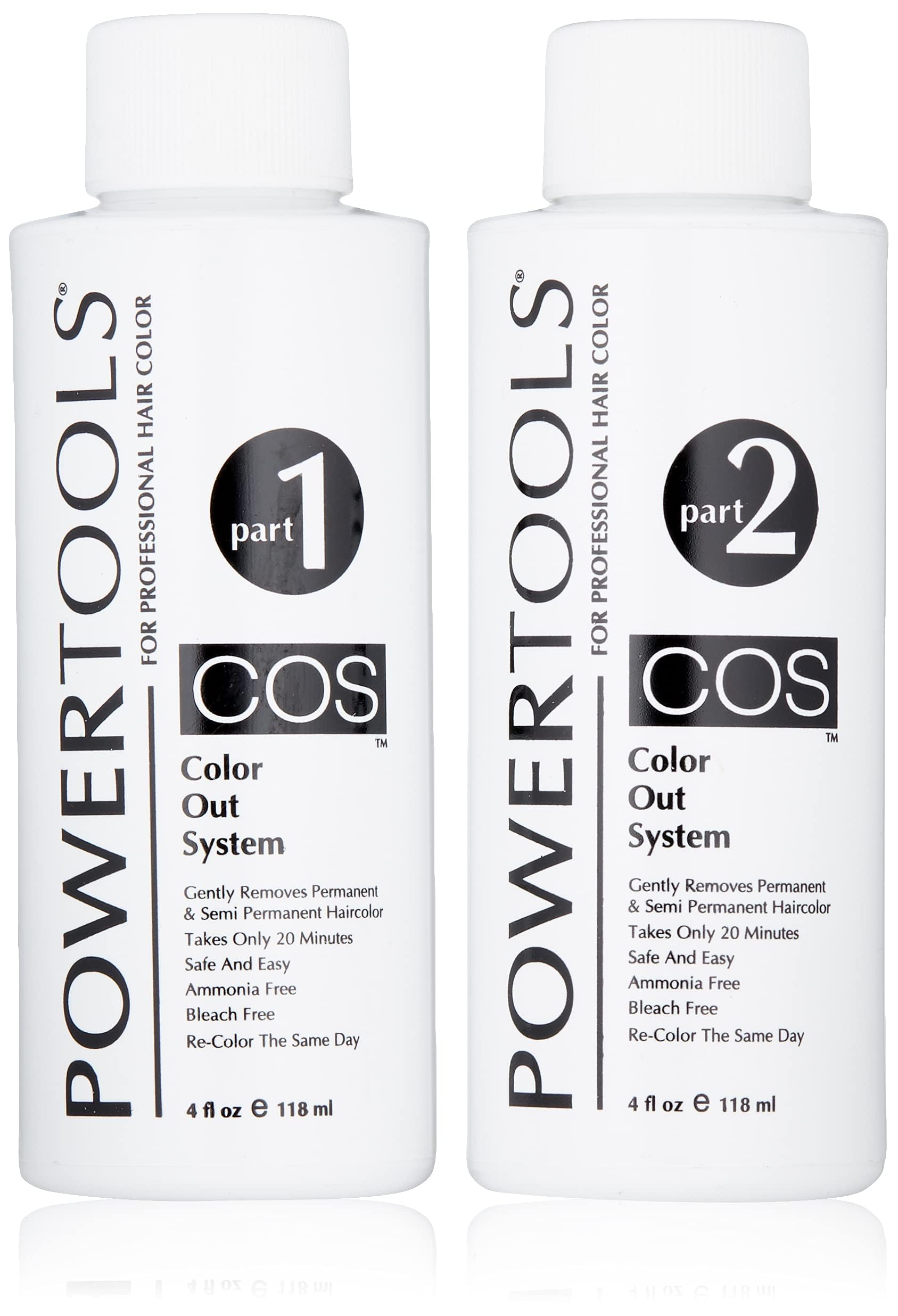 PowerTools COS bottle demonstrates safe color removal for hair color correction.