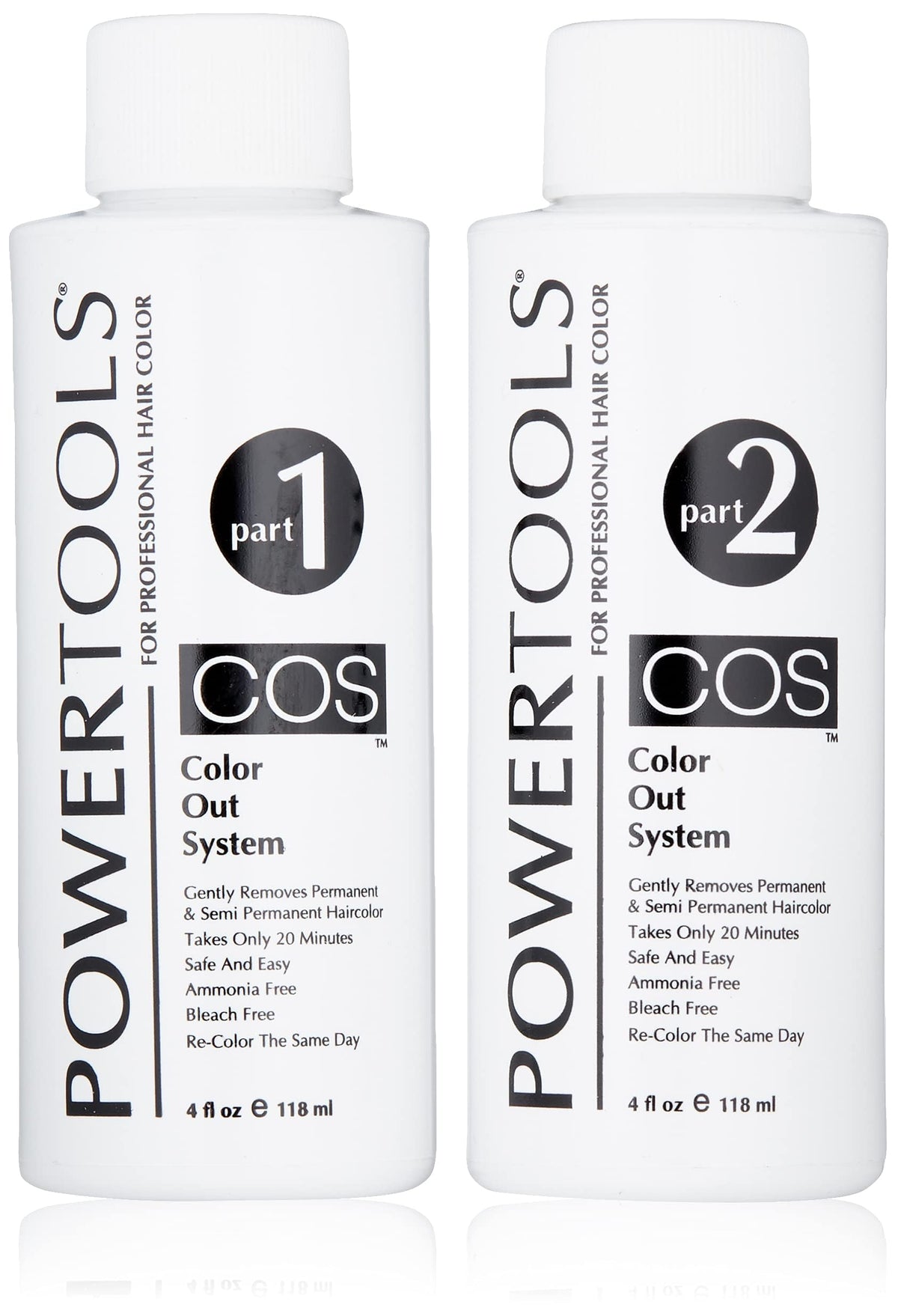 PowerTools COS bottle demonstrates safe color removal for hair color correction.