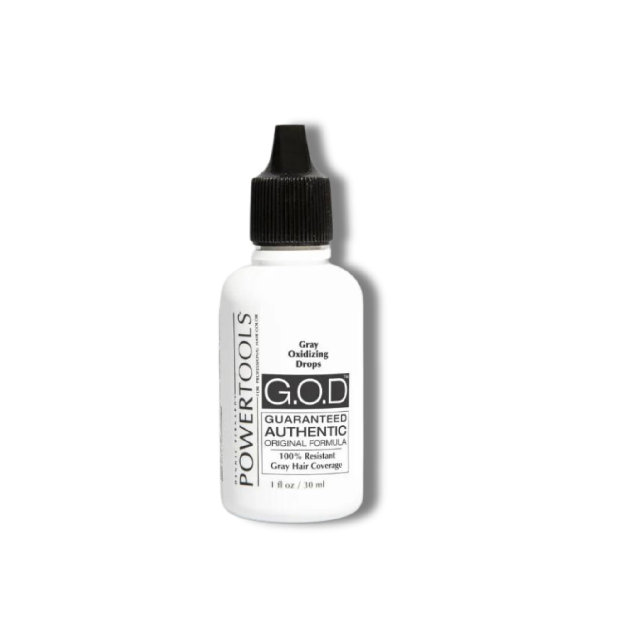POWERTOOLS Gray Oxidizing Drops bottle close-up highlighting gray hair coverage potential