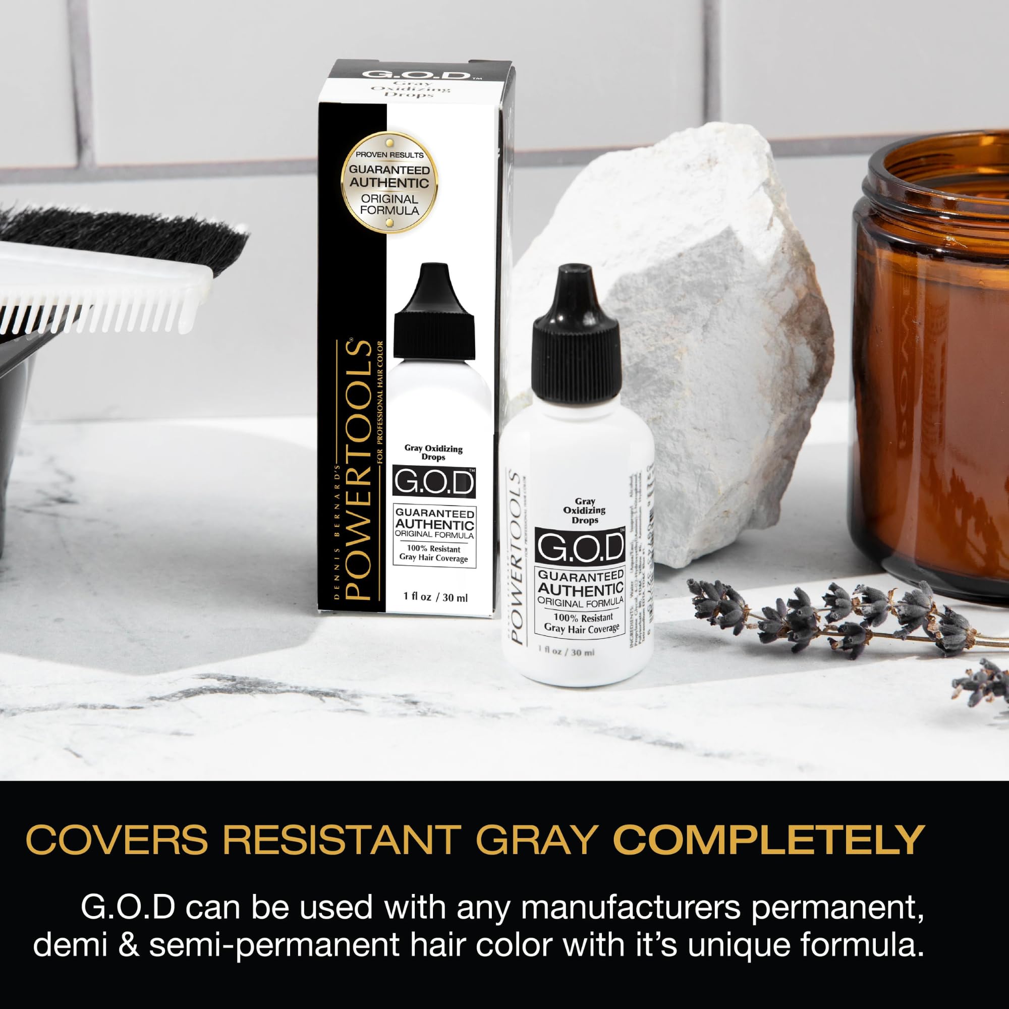 POWERTOOLS Gray Oxidizing Drops liquid texture on white background implies smooth application