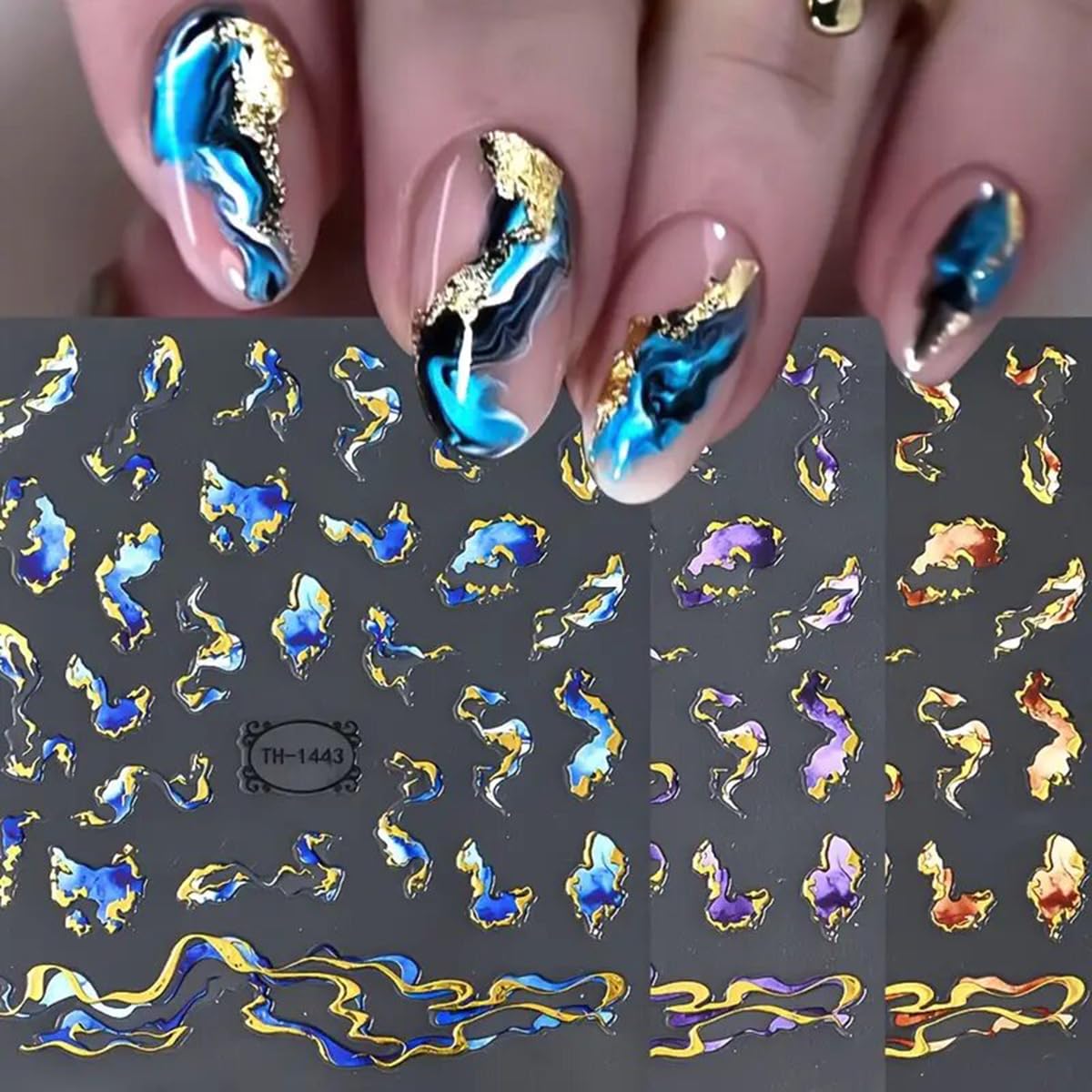 POWPOP 3D nail stickers marble wave blue for elegant, long-lasting nails.
