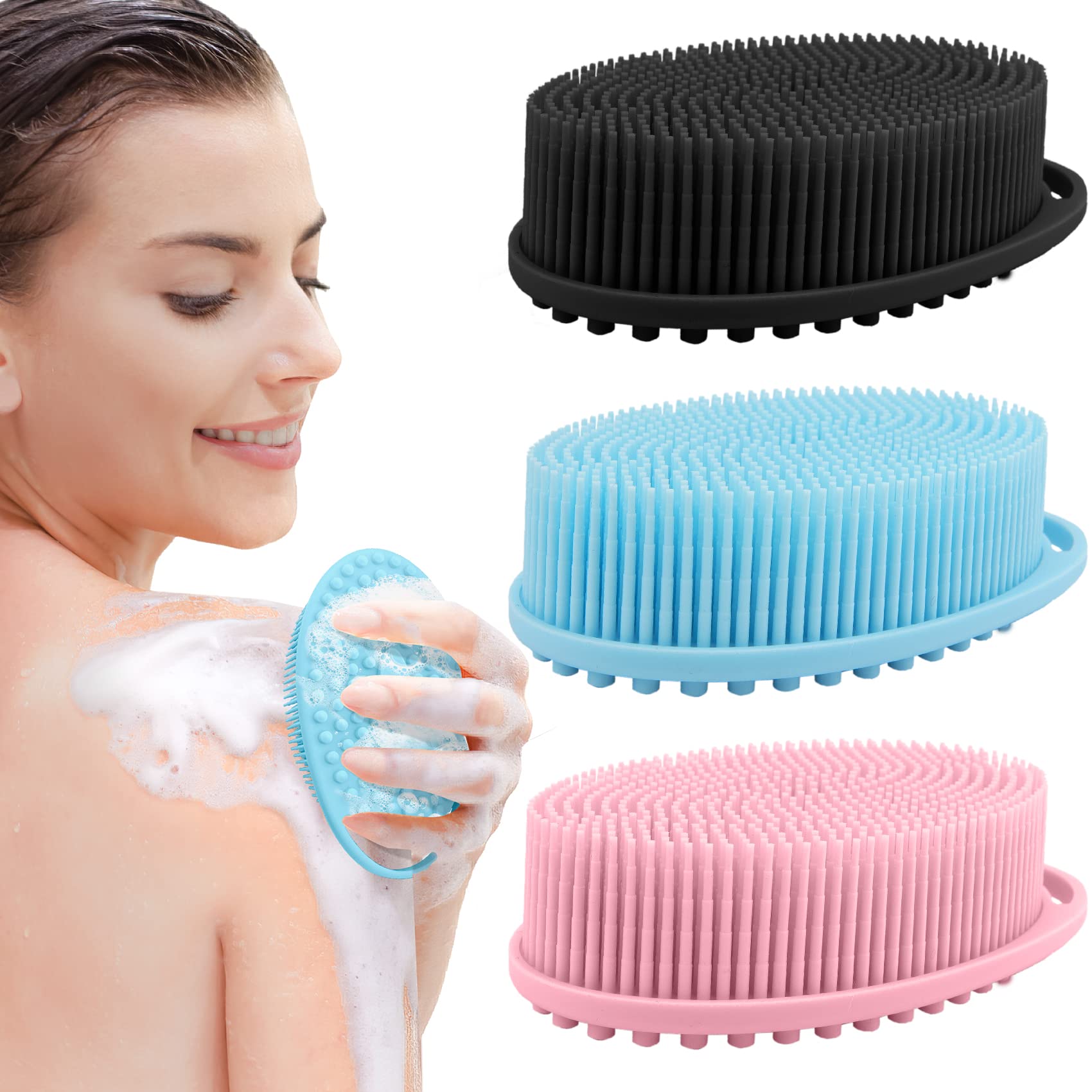 Cepillo corporal de silicona PQRUU negro para exfoliación suave y piel sensible.