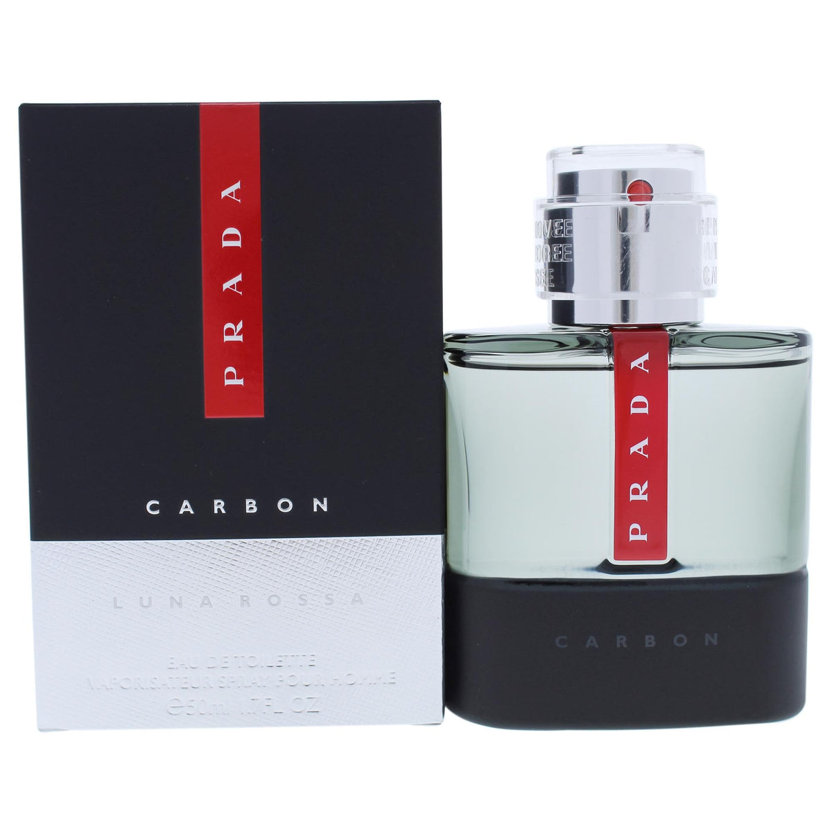 Prada Luna Rossa Carbon bottle close-up, premium masculine fragrance for everyday confidence.