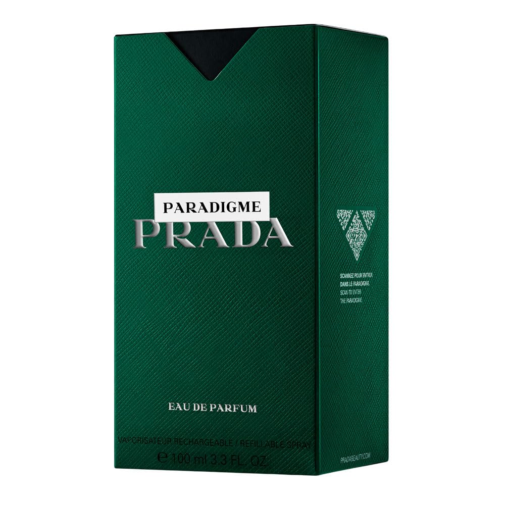 Prada Paradigme bottle closeup notes emphasizes floral woody musk balance.