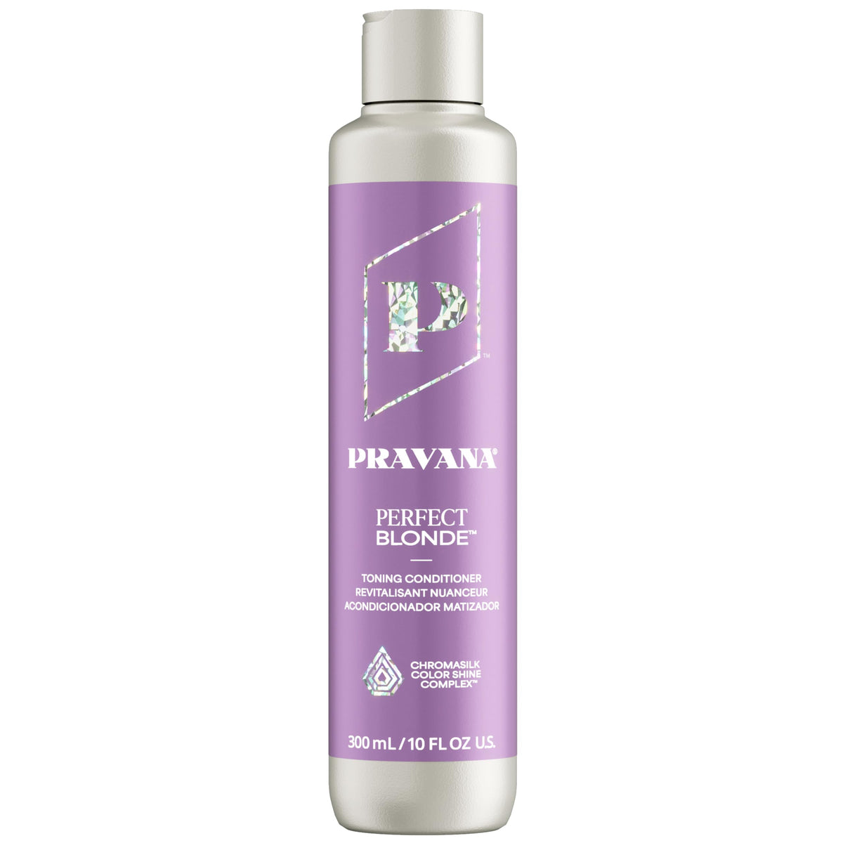 Pravana acondicionador tonificante morado para rubios en bote realza brillo y neutraliza tonos cálidos.