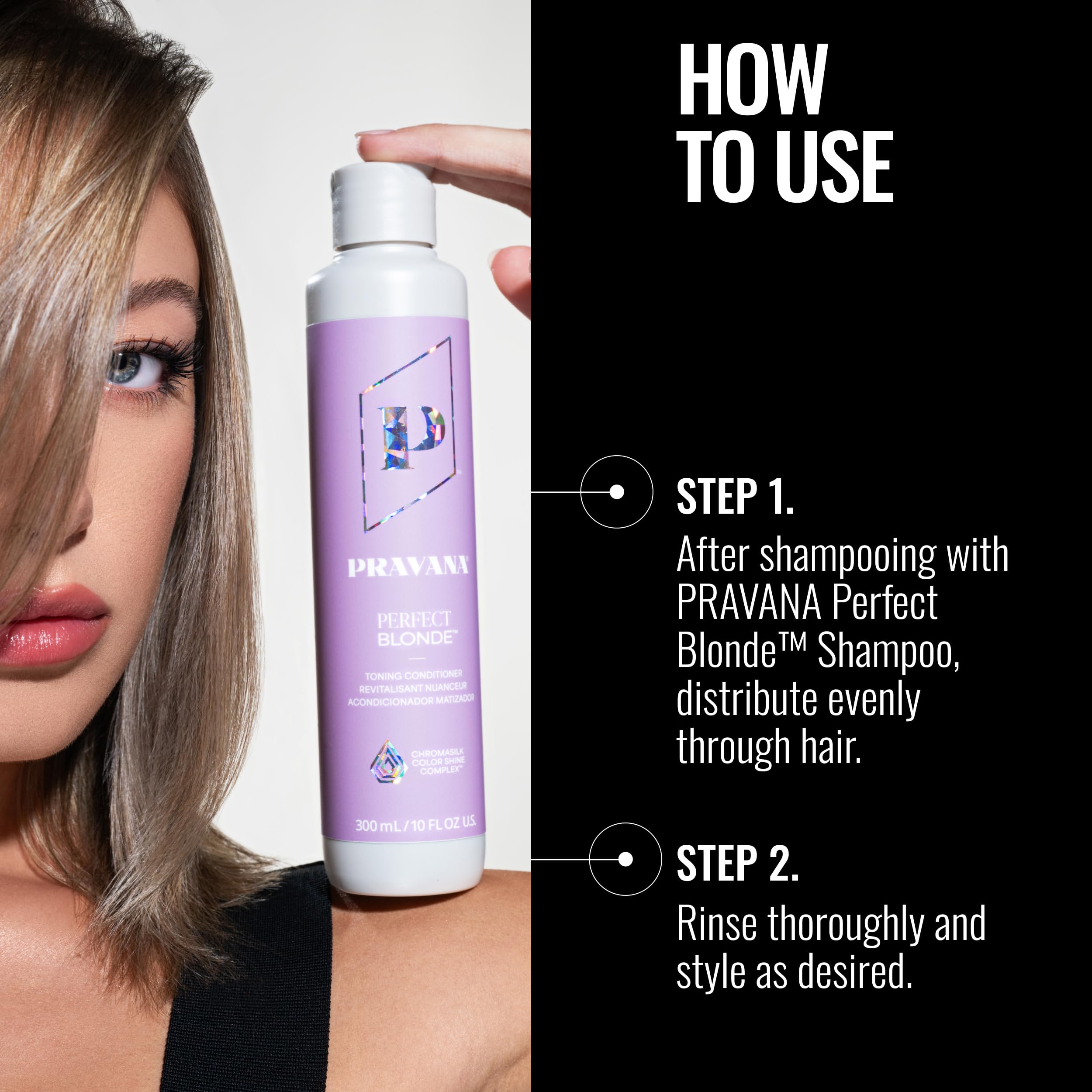 Pravana acondicionador tonificante morado: textura cremosa para deslizamiento suave durante el lavado.