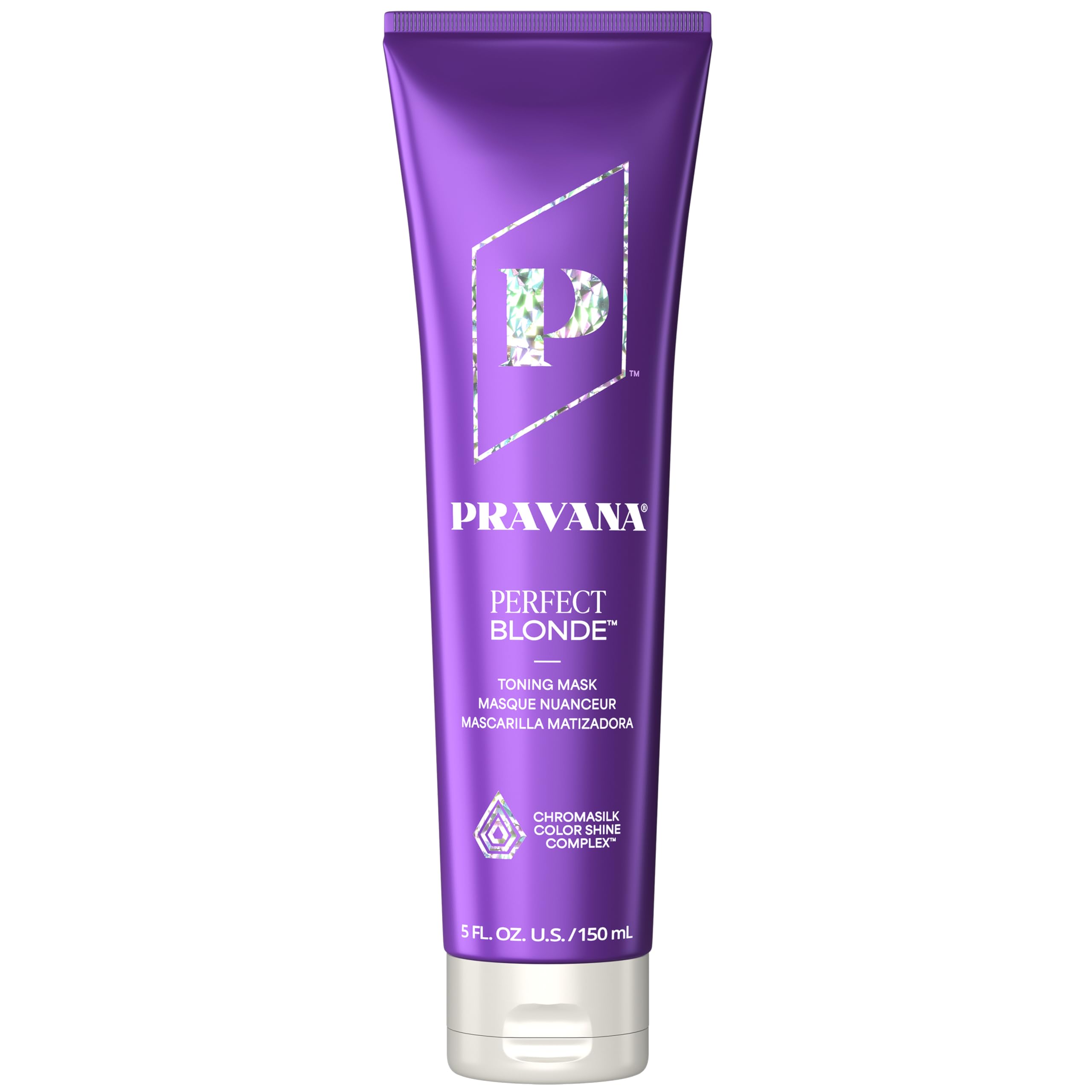 Pravana mascarilla morada para rubios, botella, neutraliza tonos amarillos con suavidad.
