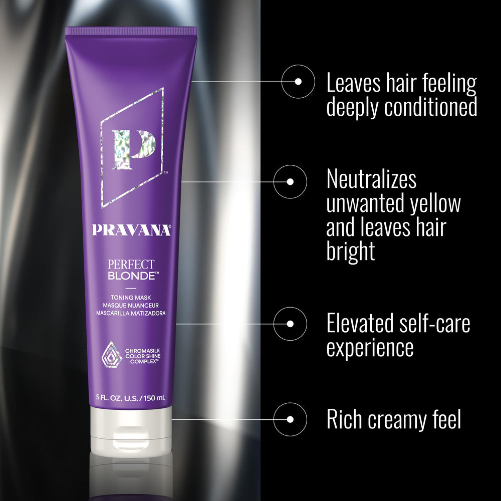 Pravana mascarilla morada para rubios, envase, ofrece acondicionamiento profundo para cabello decolorado.