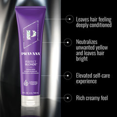 Pravana mascarilla morada para rubios, envase, ofrece acondicionamiento profundo para cabello decolorado.