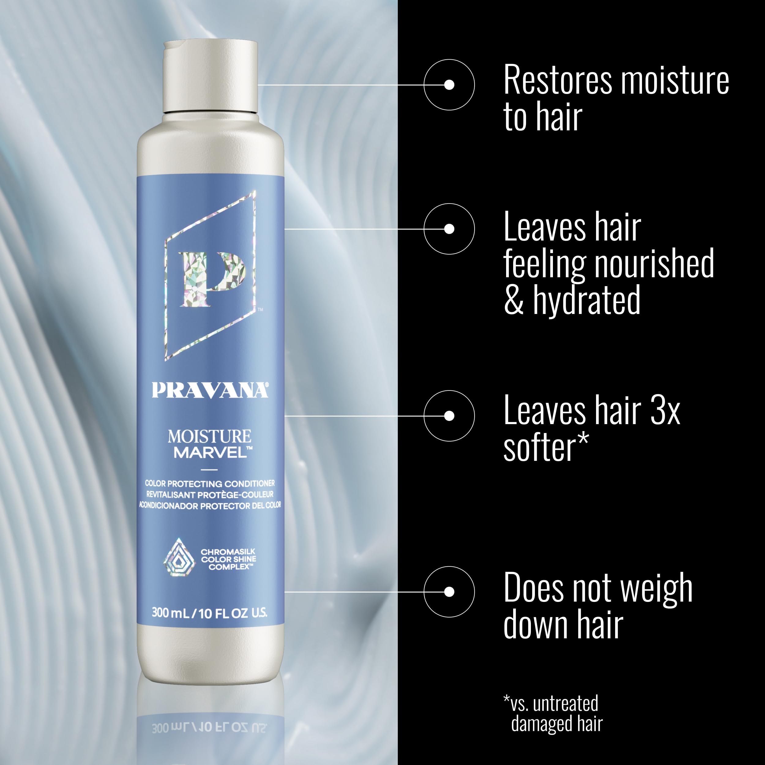 Etiqueta de Pravana Moisture Marvel mostrando compromiso vegano y libre de crueldad.