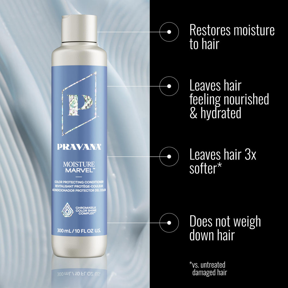 Etiqueta de Pravana Moisture Marvel mostrando compromiso vegano y libre de crueldad.