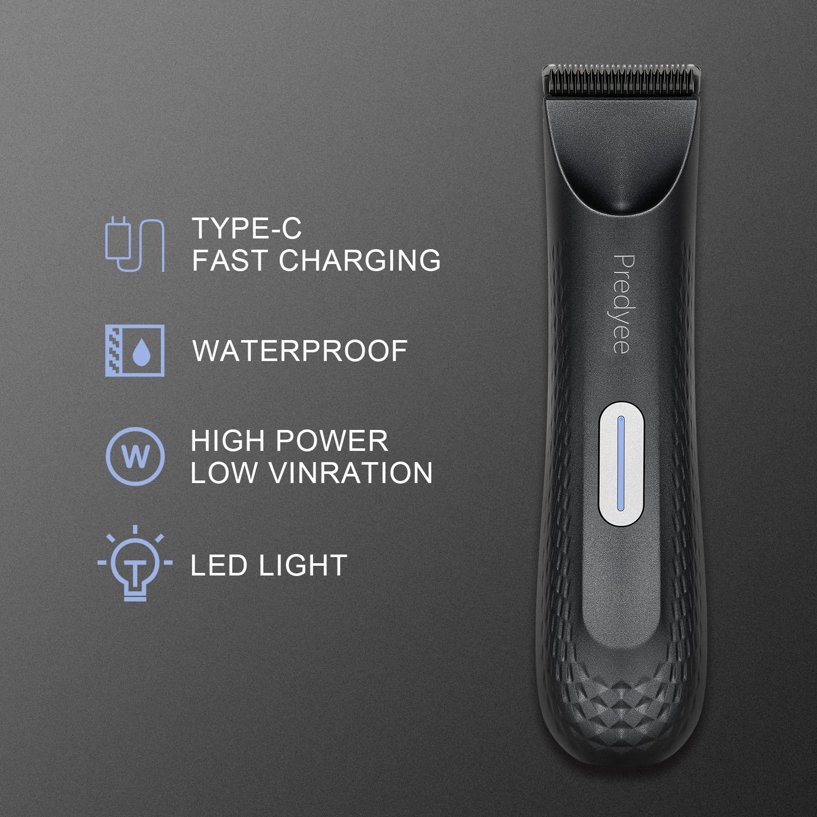Predyee Manscape Trimmer with LED light highlights hair for accuracy.