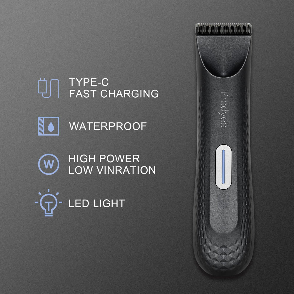 Predyee Manscape Trimmer with LED light highlights hair for accuracy.