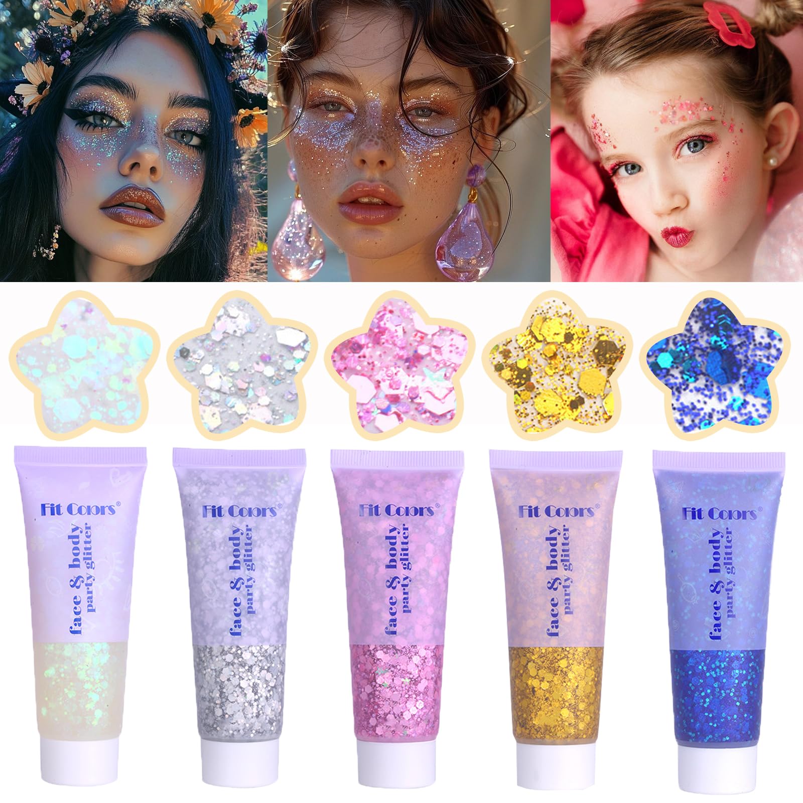 Brillos faciales y corporales de Prehot en tono blanco plateado para rostro y cuerpo.