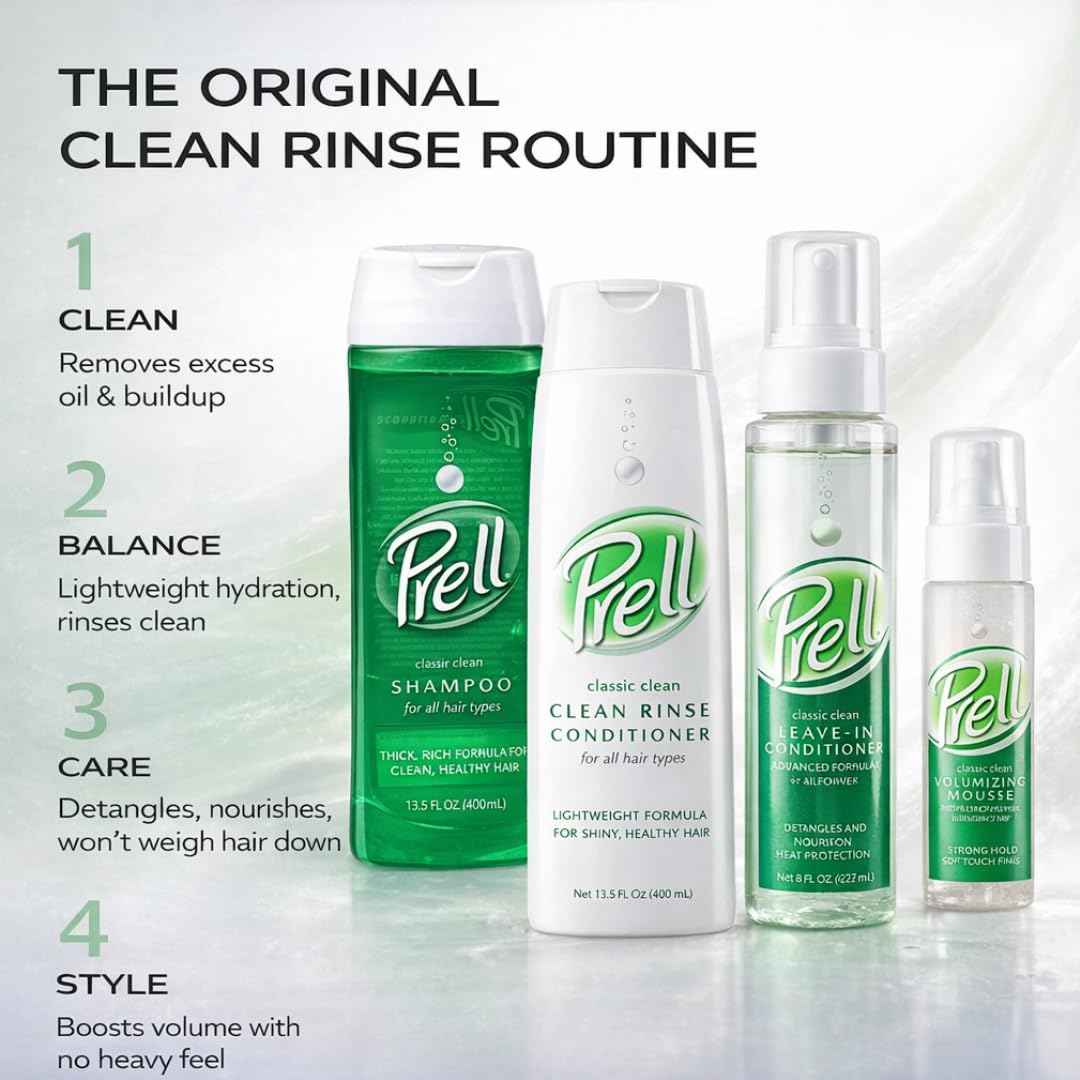 En el lavabo aparece Prell Original Green Shampoo, listo para usar y cabello limpio.