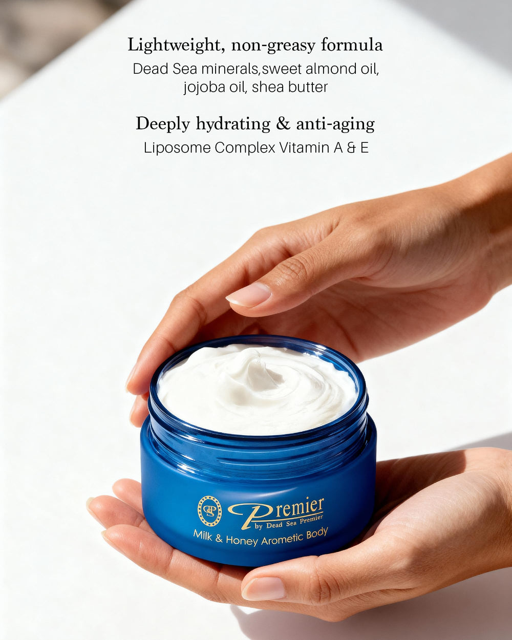 Premier Dead Sea minerals label highlights shea, aloe, and jojoba for daily nourishment.