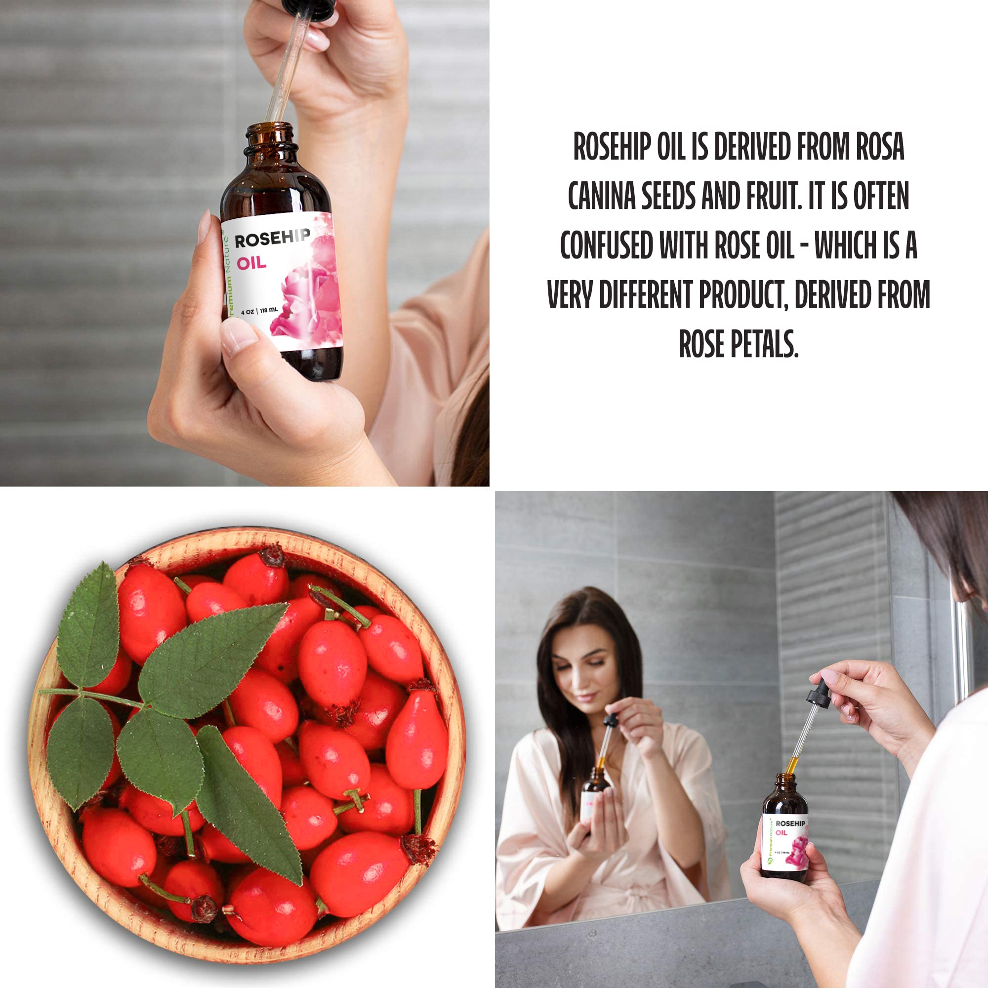 Premium Nature Aceite Rosa Mosqueta prensado en frío, uso diario recomendado.