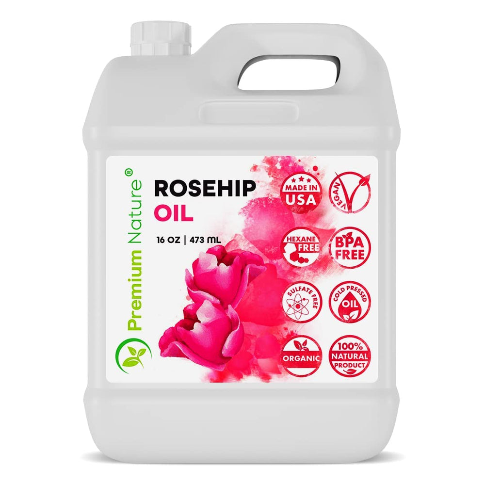 Premium Nature Rosehip Seed Oil bottle pour for easy facial care and bulk value