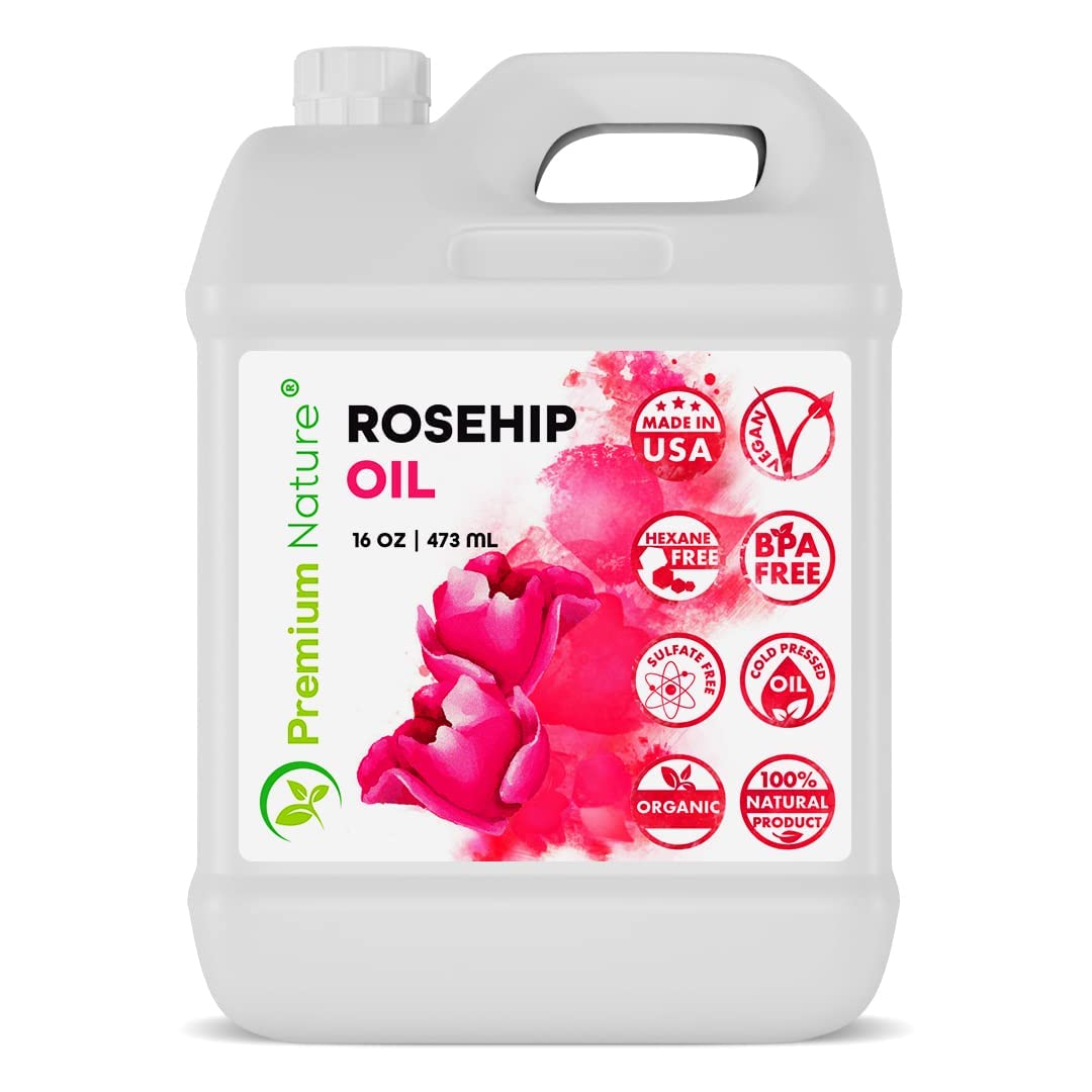 Premium Nature Rosehip Seed Oil bottle pour for easy facial care and bulk value