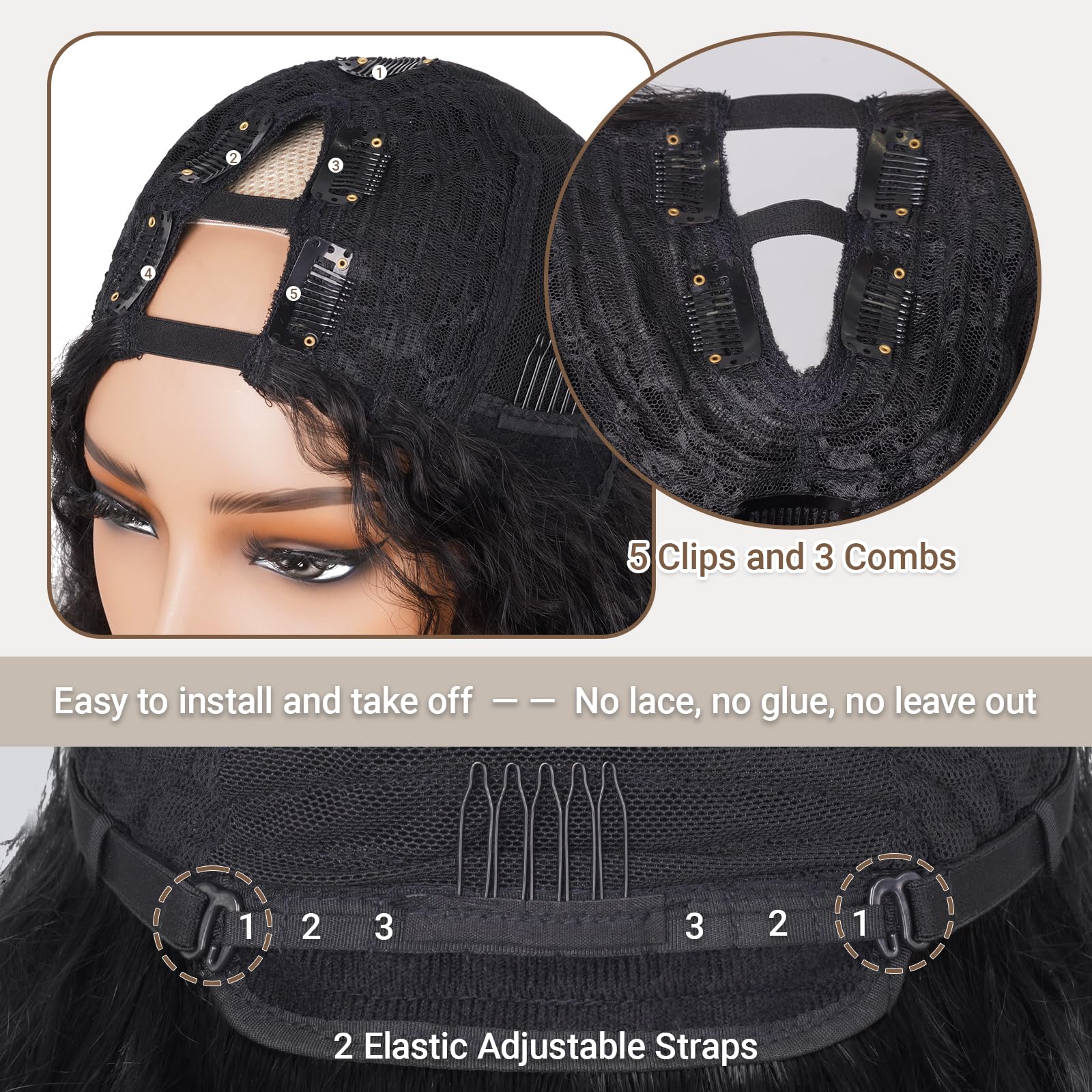 Glueless installation view of PREMPO V Part wig demonstrating secure fit.