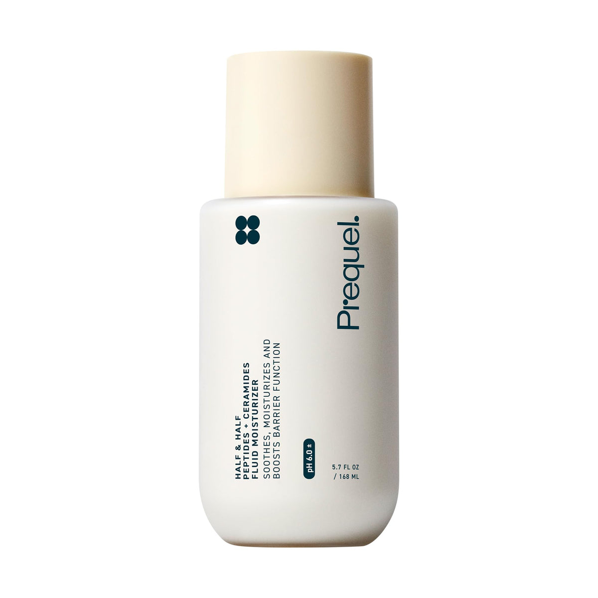 Prequel Skin Half and Half Fluid Moisturizer bottle-pump provides hydration with ceramides and peptides for all skin types.