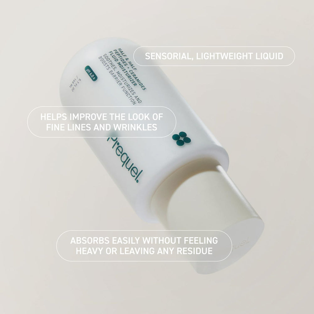 Application steps for Prequel moisturizer: shake, remove plug, press into skin.