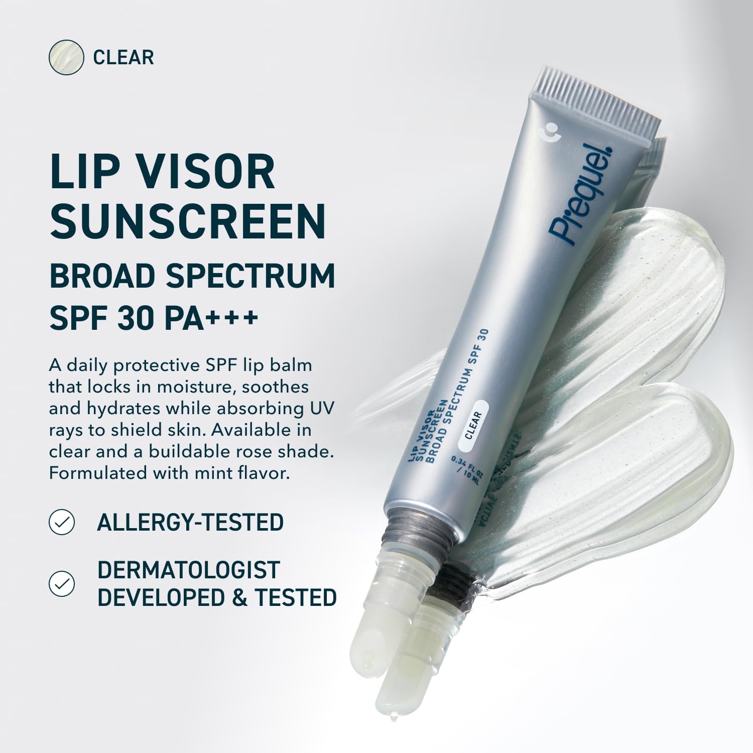 Prequel Lip Visor SPF 30 balm for broad protection and non-sticky wear.