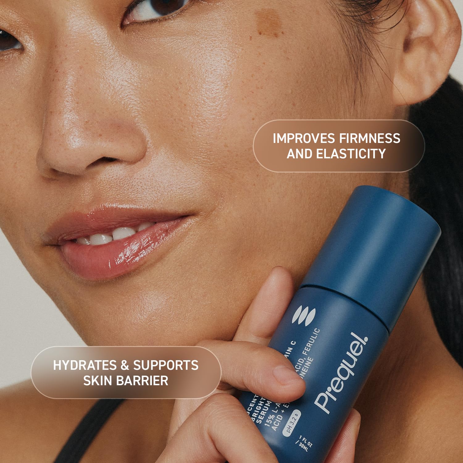 Prequel Skin Lucent-C Serum, aplicación suave en rostro, cuello y escote.