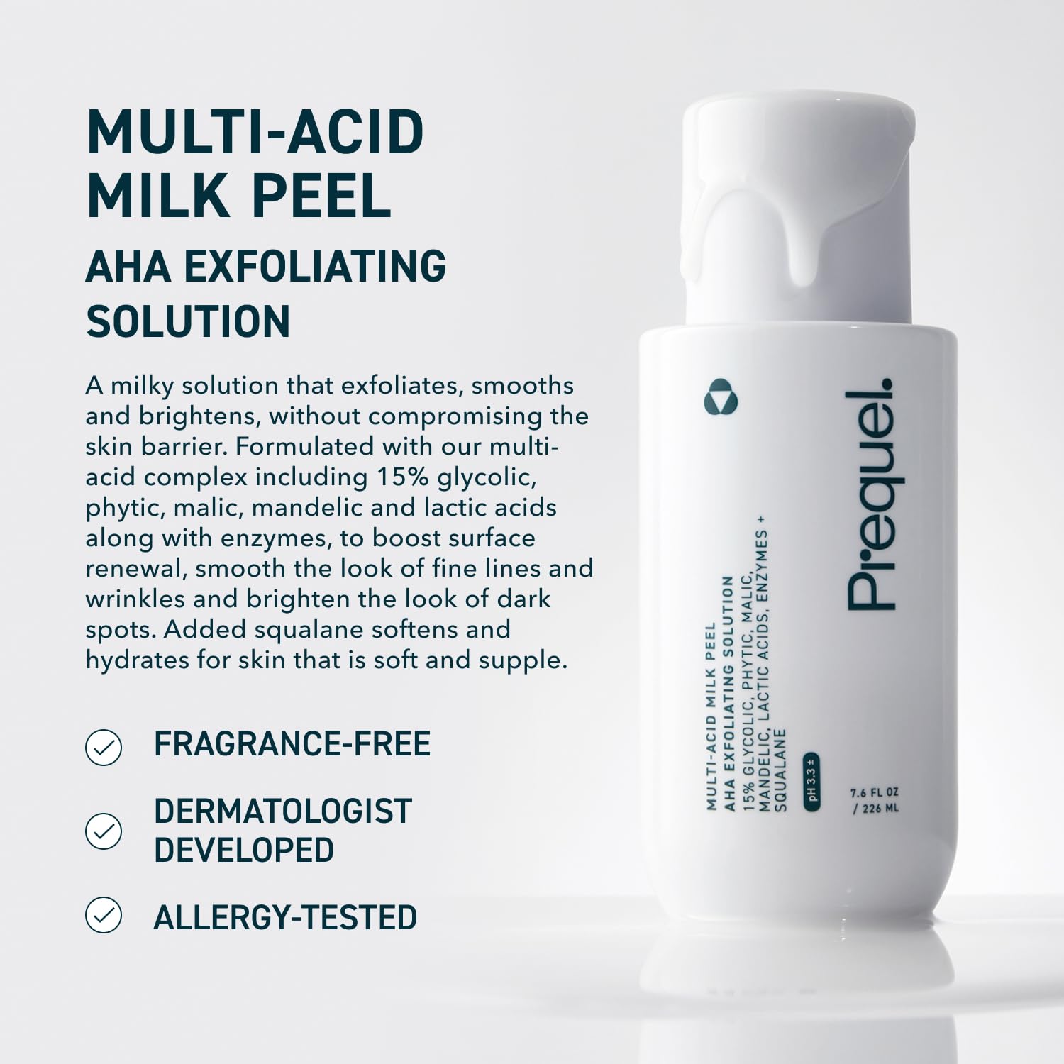 Close-up of the Prequel Milk Peel bottle angle highlighting premium packaging
