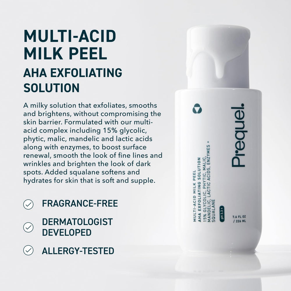 Close-up of the Prequel Milk Peel bottle angle highlighting premium packaging
