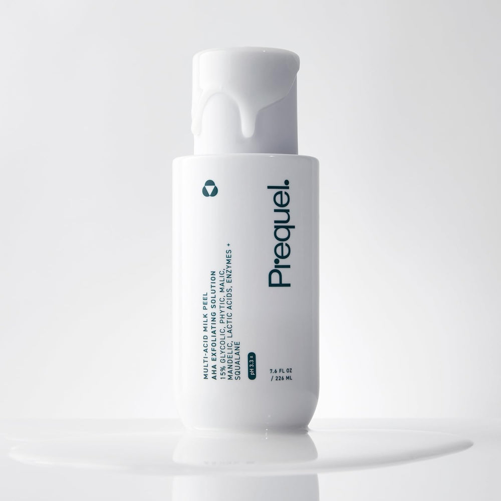 Drop dispensed from Prequel Milk Peel bottle onto fingertip for use