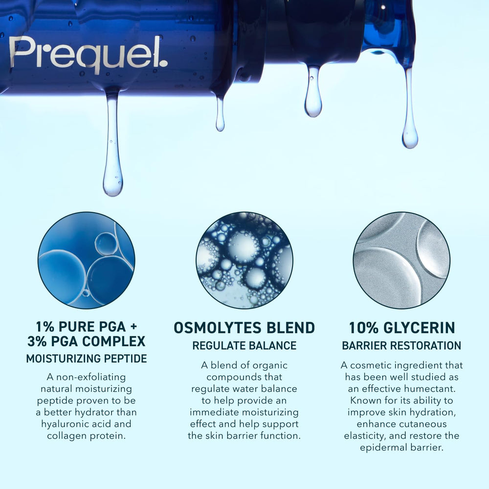 Prequel Skin Multi-Quench serum drop on skin ready for quick absorption.