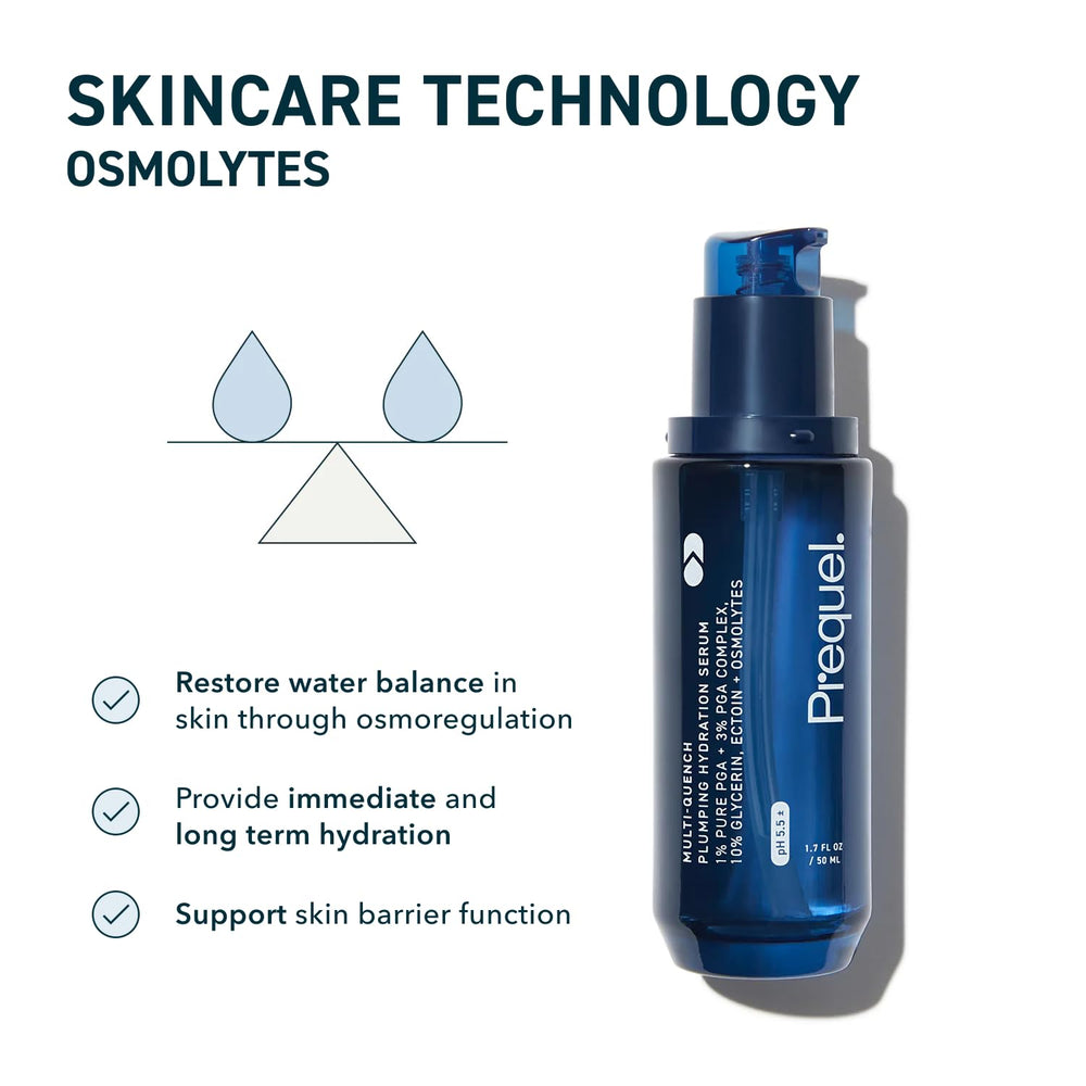 Prequel Skin Multi-Quench serum texture closeup highlighting fragrance-free formula.