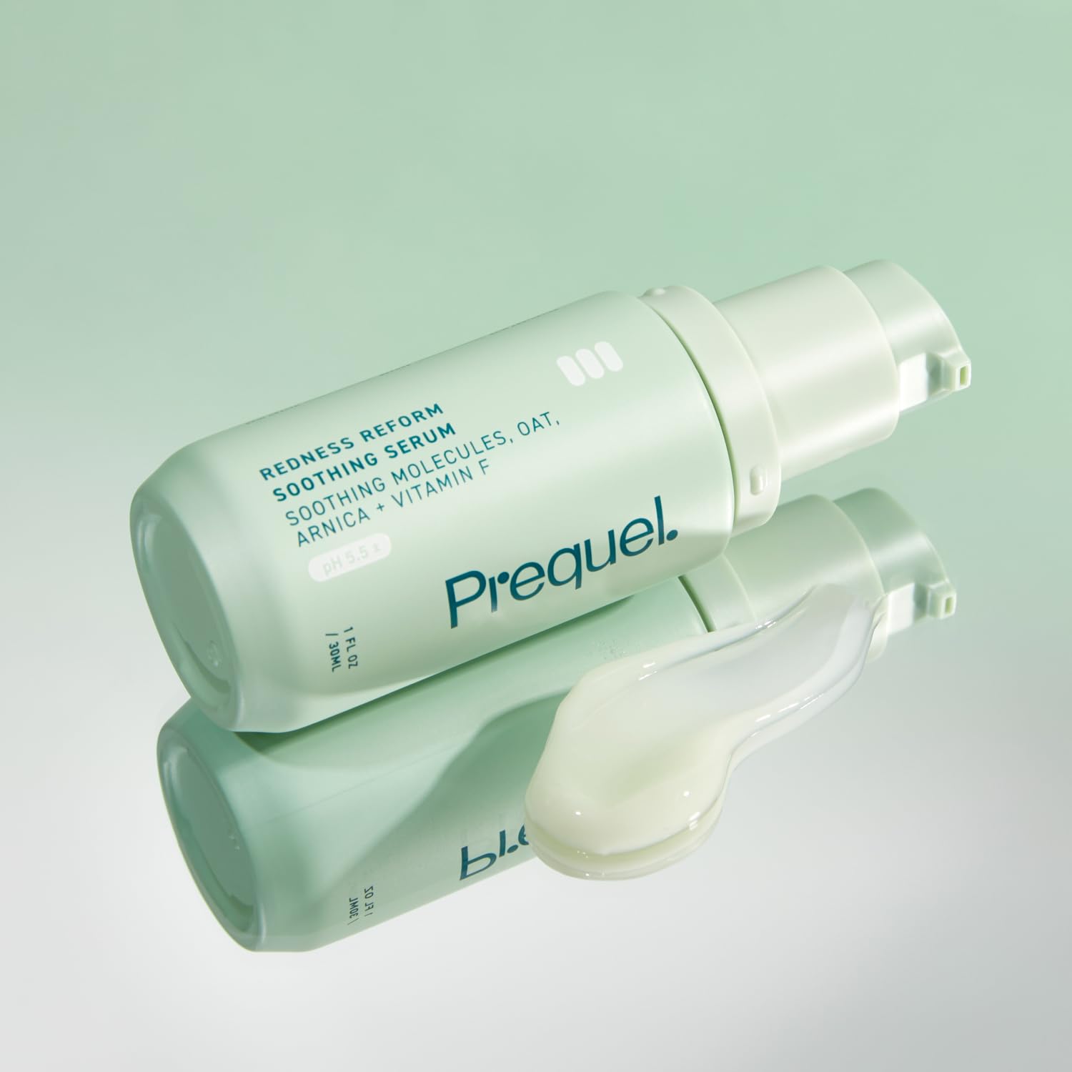 Prequel Skin Redness Reform close-up shows subtle calming effect on skin.