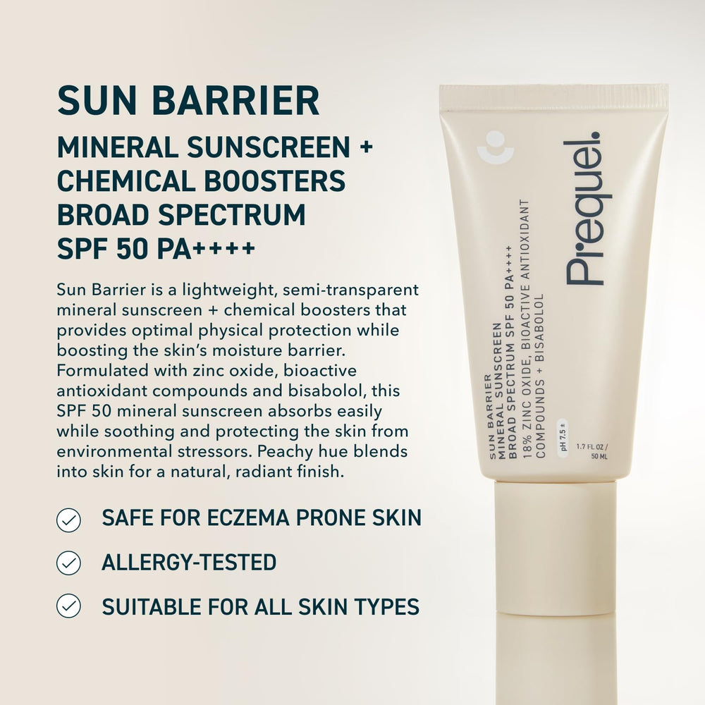 Prequel Skin Sun Barrier bottle back label with SPF PA++++ details.