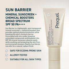 Prequel Skin Sun Barrier bottle back label with SPF PA++++ details.