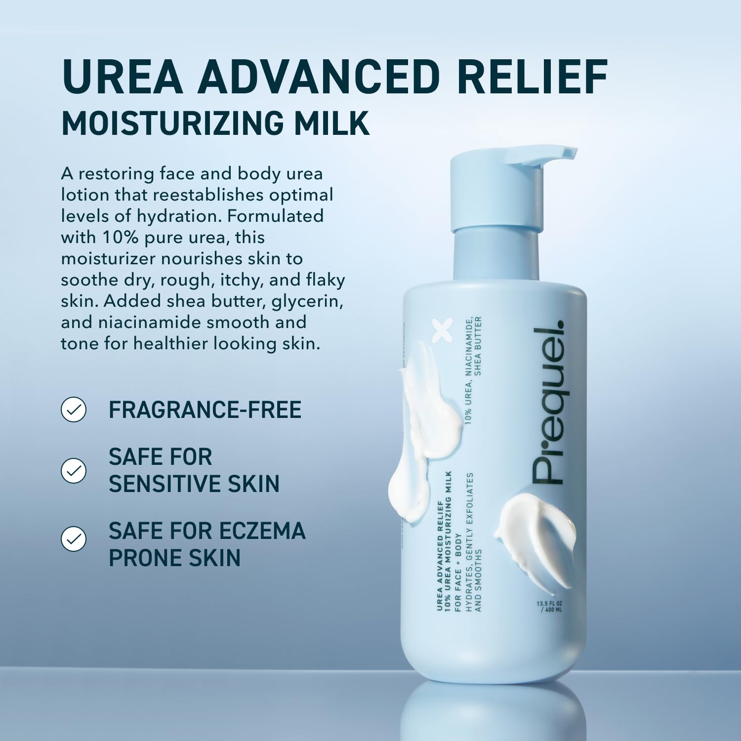 Pump dispenser close-up enabling easy, mess-free application of Prequel Skin Urea 10% lotion.
