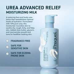 Pump dispenser close-up enabling easy, mess-free application of Prequel Skin Urea 10% lotion.