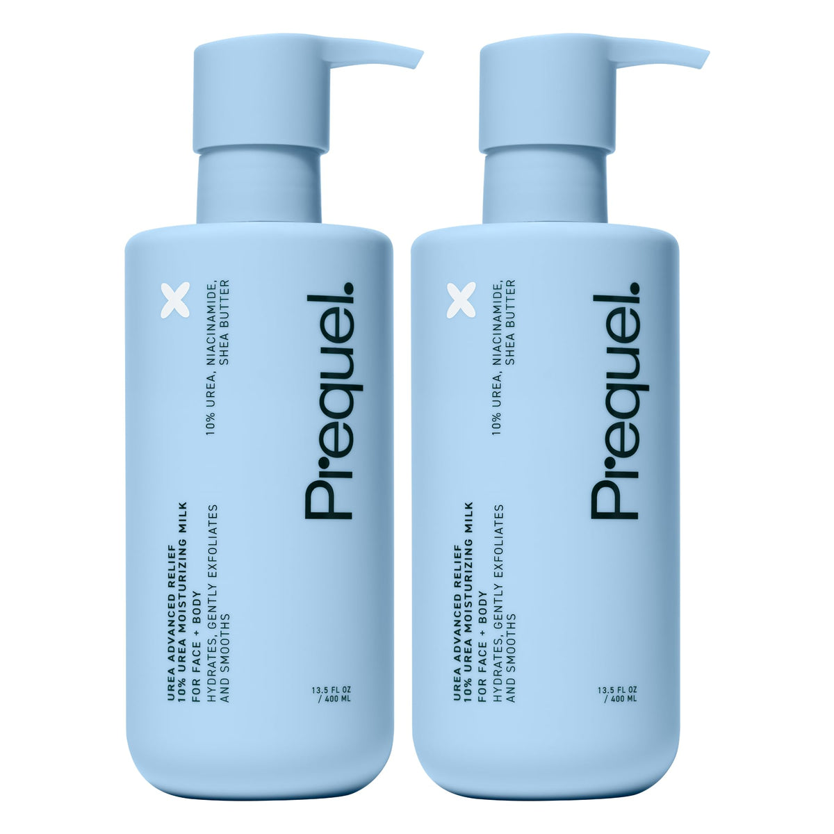 Two Prequel Skin Urea 10% lotion bottles in a pack for daily hydration.