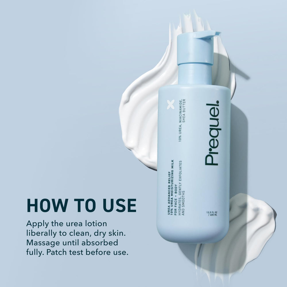 Dual-bottle packaging of Prequel Skin Urea 10% lotion for daily use.